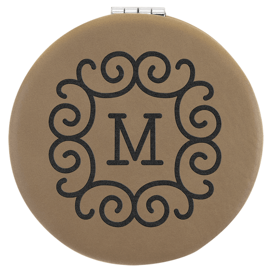 Light Brown 2 1/2" Laserable Leatherette Compact Mirror
