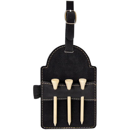 5" x 3 1/4" Custom Engraved Leatherette Golf Bag Tag with 3 Wooden Tees