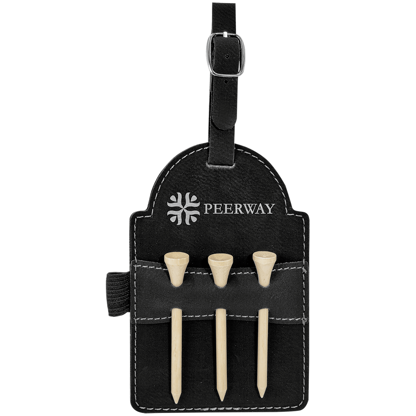 Black/Silver 5" x 3 1/4" Laserable Leatherette Golf Bag Tag with 3 Wooden Tees