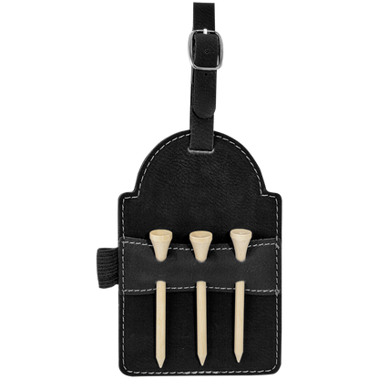 5" x 3 1/4" Custom Engraved Leatherette Golf Bag Tag with 3 Wooden Tees