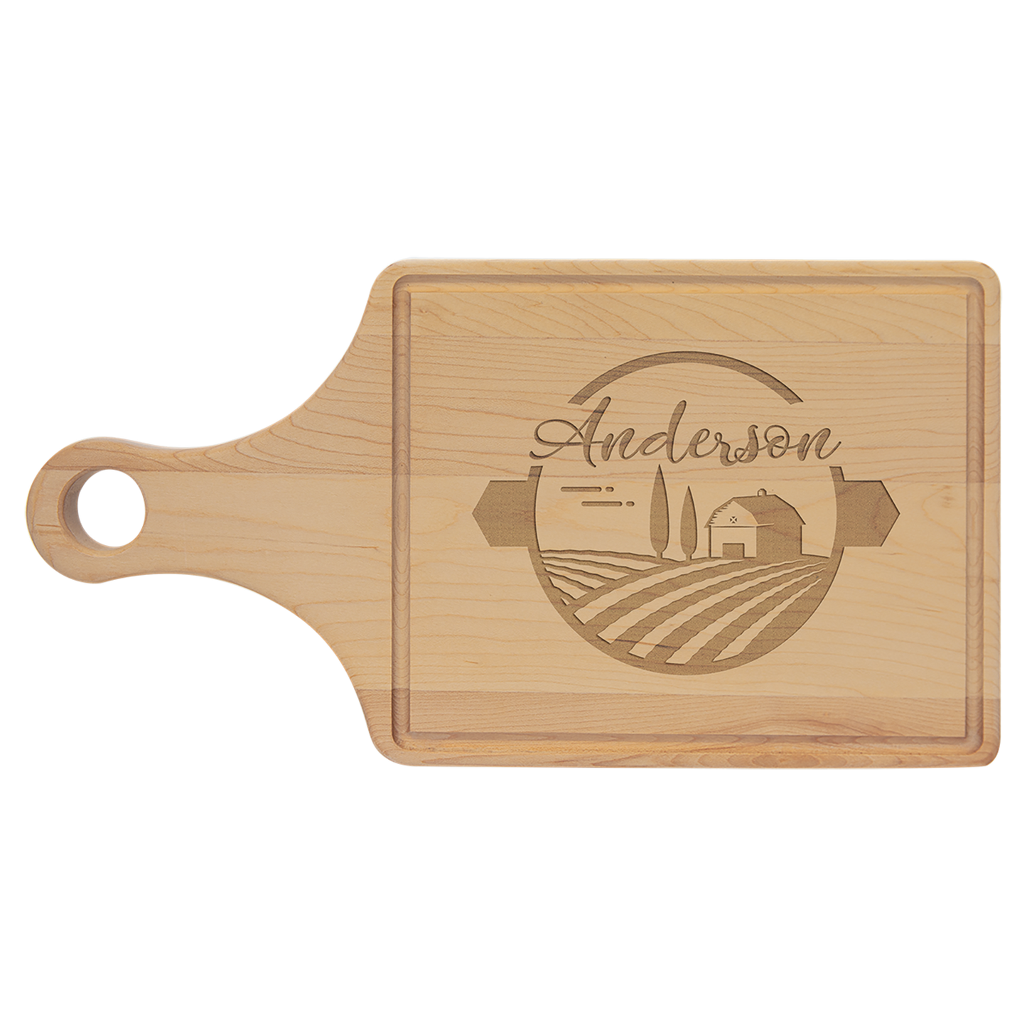 Custom Branded Maple Paddle Cutting Board with Drip Ring