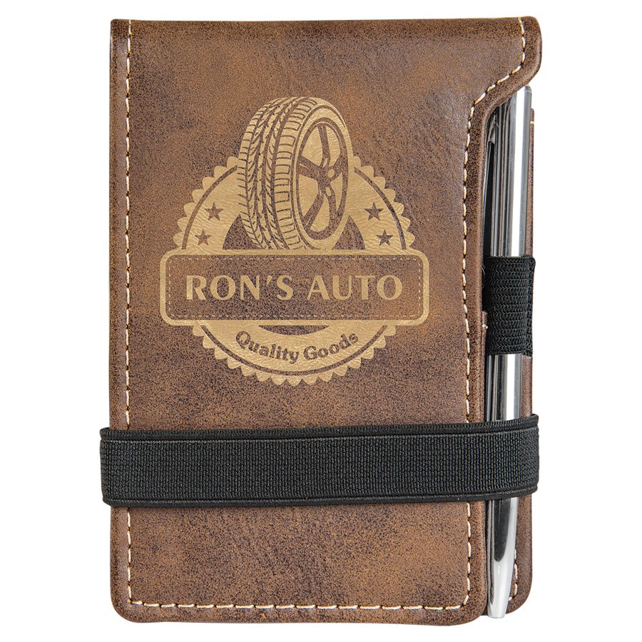 Rustic/Gold 3 1/4" x 4 3/4" Laserable Leatherette Mini Notepad with Pen
