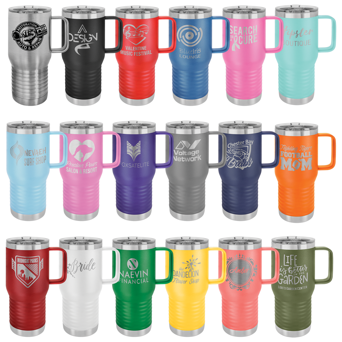 Custom Branded 20 oz Powder-Coated Stainless Steel Travel Mug - Laser Engraved