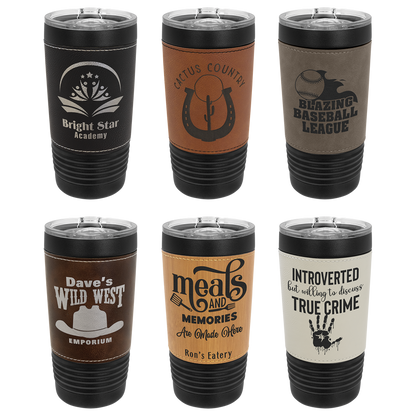Custom Laser Engraved 20oz Black Powder-Coated Leatherette Tumbler - Upload Your Logo, Brand, or Image