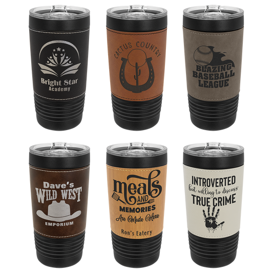 Custom Laser Engraved 20oz Black Powder-Coated Leatherette Tumbler - Upload Your Logo, Brand, or Image