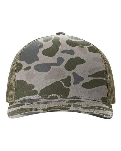 Richardson 112PFP Duck Camo Series - Snap-back Truckers Hat - Custom Branded Laser Engraved Leatherette Patch