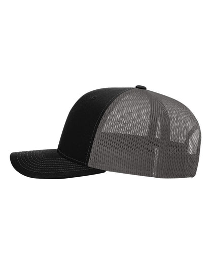 Richardson 112 Snap-back Truckers Hat with Custom Laser Engraved Rectangle Leatherette Patch - Upload Your Logo, Brand, or Image