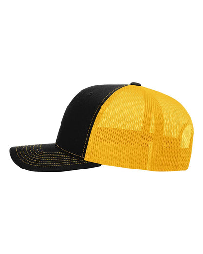 Richardson 112 Snap-back Truckers Hat with Custom Laser Engraved Rectangle Leatherette Patch - Upload Your Logo, Brand, or Image