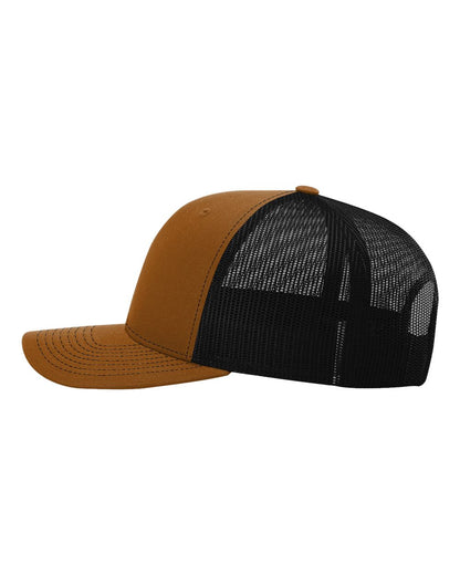 Richardson 112 Snap-back Truckers Hat with Custom Laser Engraved Rectangle Leatherette Patch - Upload Your Logo, Brand, or Image