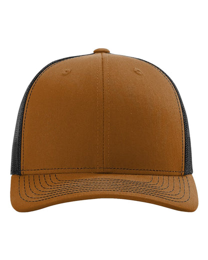Richardson 112 Snap-back Truckers Hat with Custom Laser Engraved Rectangle Leatherette Patch - Upload Your Logo, Brand, or Image