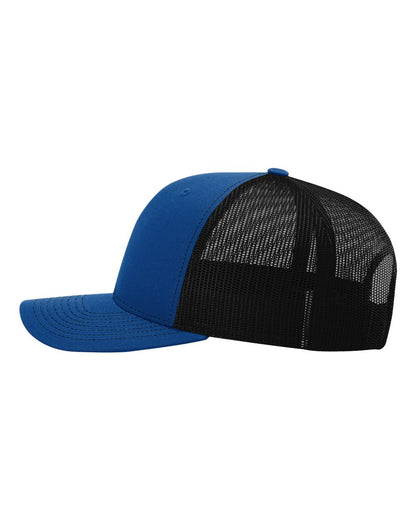 Richardson 112 Snap-back Truckers Hat with Custom Laser Engraved Rectangle Leatherette Patch - Upload Your Logo, Brand, or Image