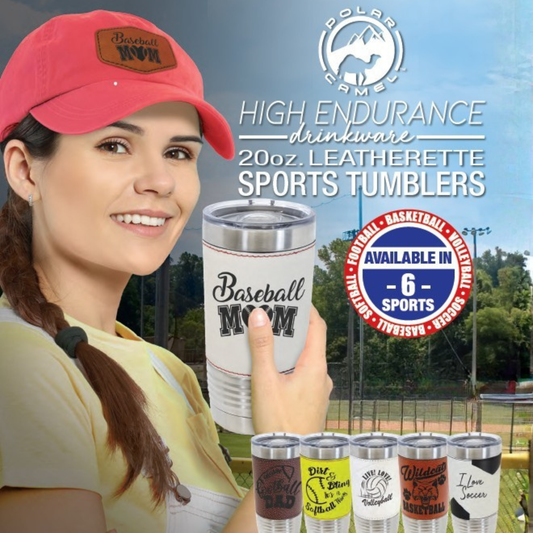 Custom Laser Engraved 20oz Sports Themed Leatherette Tumbler - Upload Your Logo, Brand, or Image