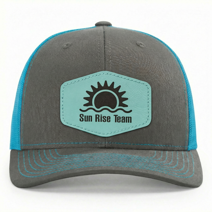 Richardson 112 Snap-back Truckers Hat with Custom Laser Engraved Hexagon Leatherette Patch - Upload Your Logo, Brand, or Image