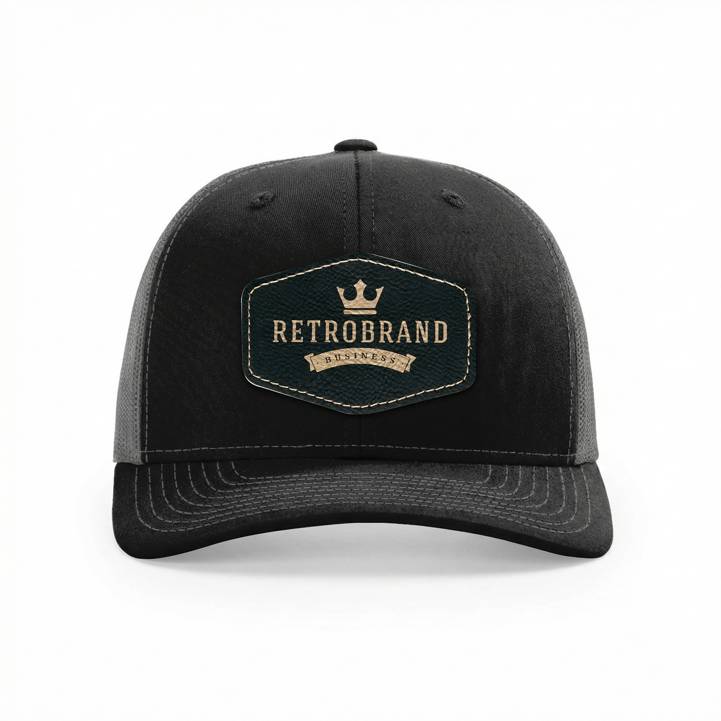 Richardson 112 Snap-back Truckers Hat with Custom Laser Engraved Hexagon Leatherette Patch - Upload Your Logo, Brand, or Image