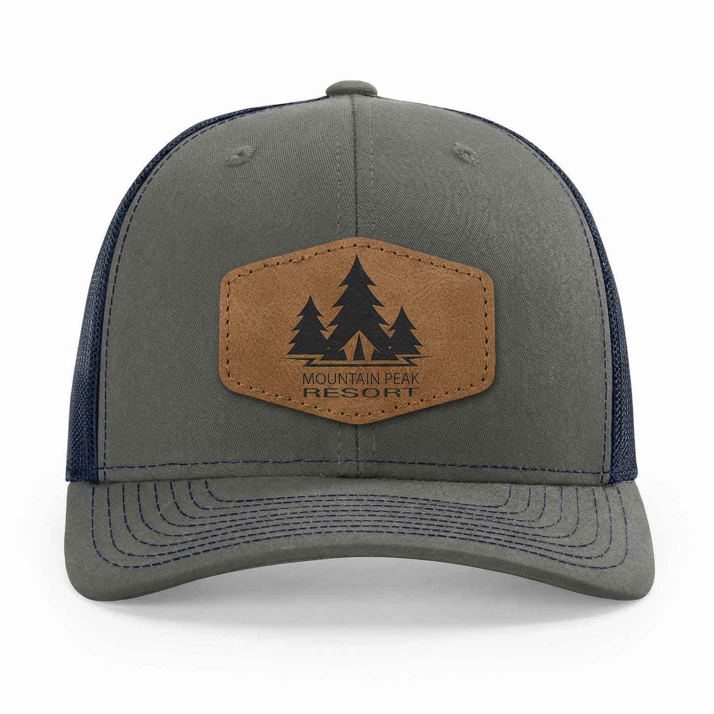 Richardson 112 Snap-back Truckers Hat with Custom Laser Engraved Hexagon Leatherette Patch - Upload Your Logo, Brand, or Image