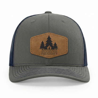 Richardson 112 Snap-back Truckers Hat with Custom Laser Engraved Hexagon Leatherette Patch - Upload Your Logo, Brand, or Image