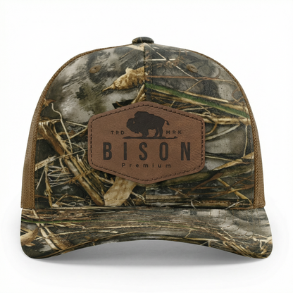 Richardson 112P Camo Series Snap-back Truckers Hat with Custom Laser Engraved Leatherette Patch - Upload Your Logo, Brand, or Image