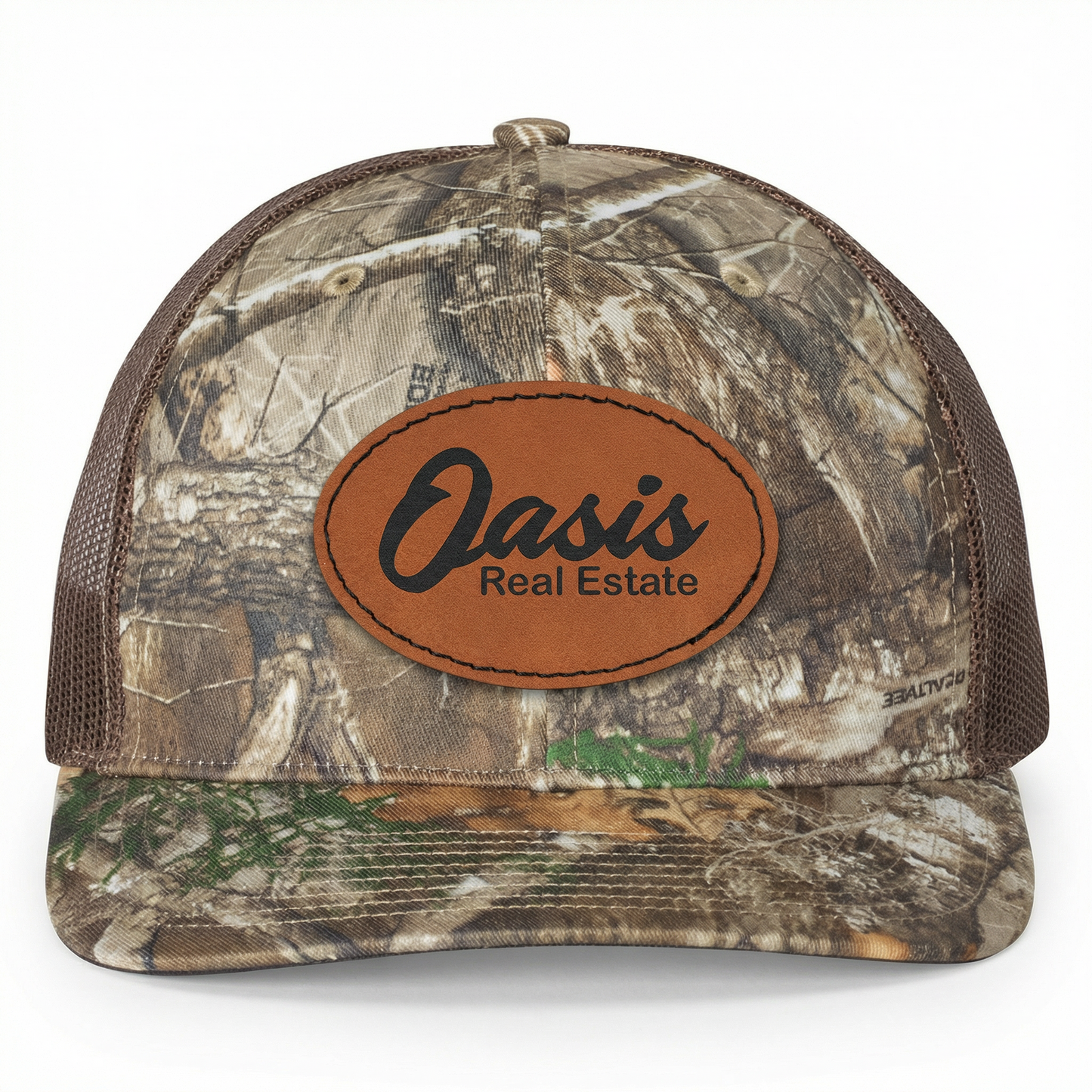 Richardson 112P Camo Series Snap-back Truckers Hat with Custom Laser Engraved Leatherette Patch - Upload Your Logo, Brand, or Image