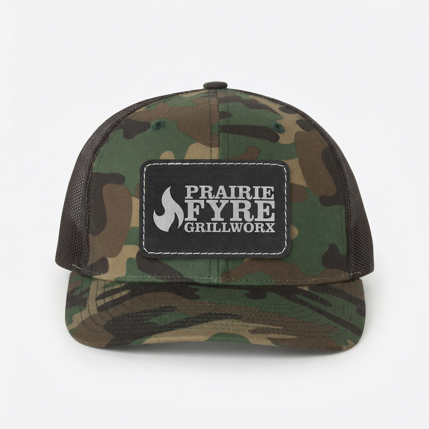 Richardson 112P Camo Series Snap-back Truckers Hat with Custom Laser Engraved Leatherette Patch - Upload Your Logo, Brand, or Image