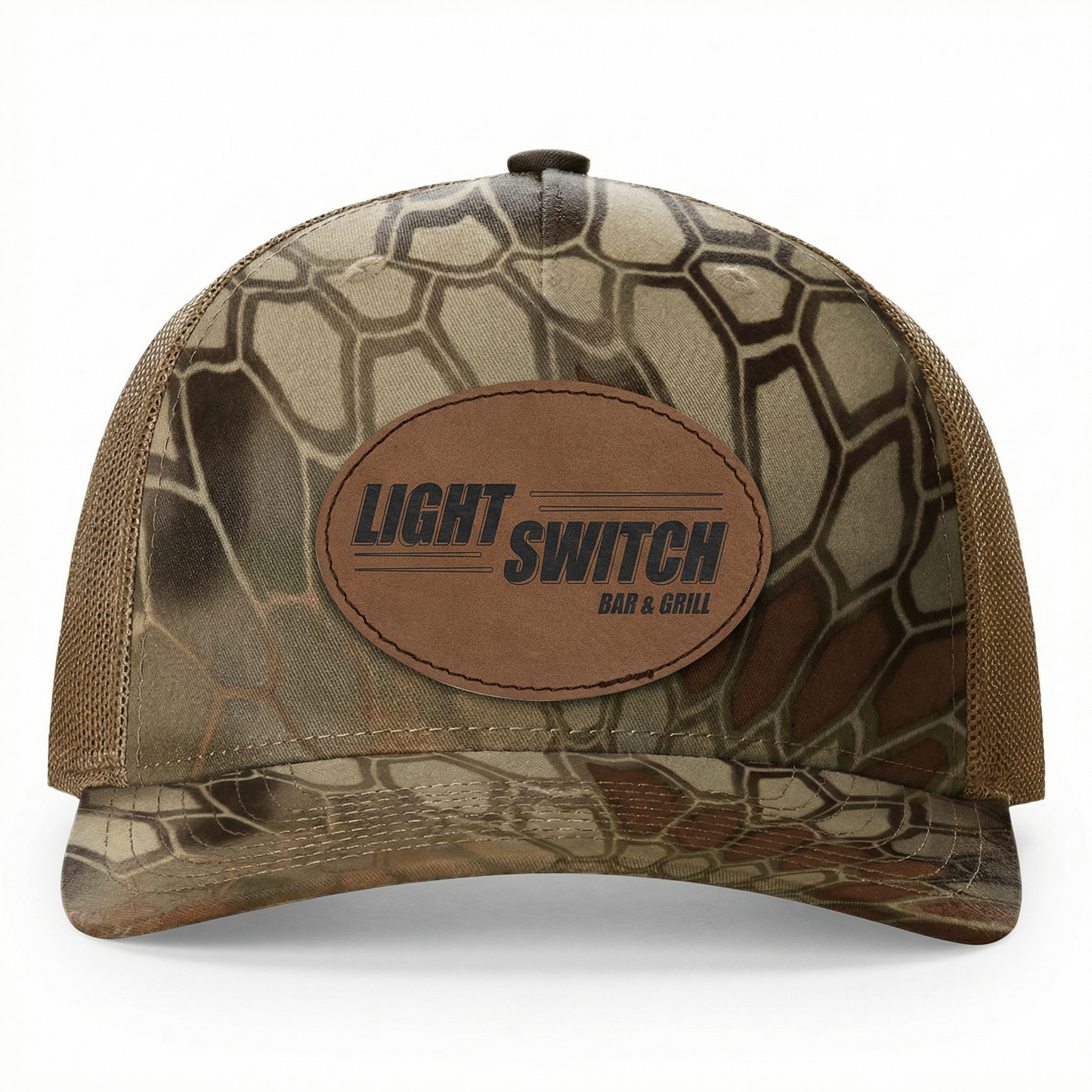 Richardson 112PFP Kryptek Series Snap-back Truckers Hat with Custom Laser Engraved Leatherette Patch - Upload Your Logo, Brand, or Image