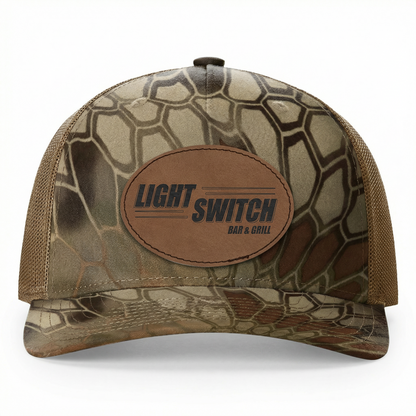 Richardson 112PFP Kryptek Series Snap-back Truckers Hat with Custom Laser Engraved Leatherette Patch - Upload Your Logo, Brand, or Image