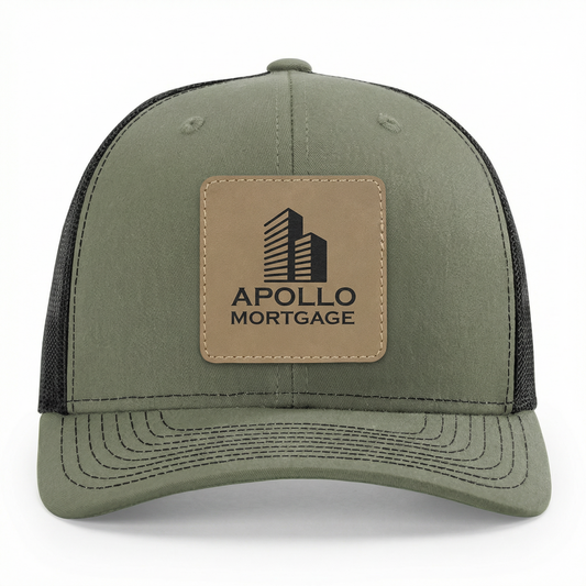 Richardson 112 Snap-back Truckers Hat with Custom Laser Engraved Square Leatherette Patch - Upload Your Logo, Brand, or Image