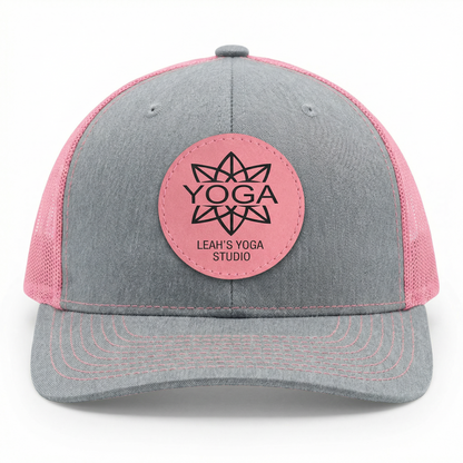 Richardson 112 Snap-back Truckers Hat with Custom Laser Engraved Round Leatherette Patch - Upload Your Logo, Brand, or Image