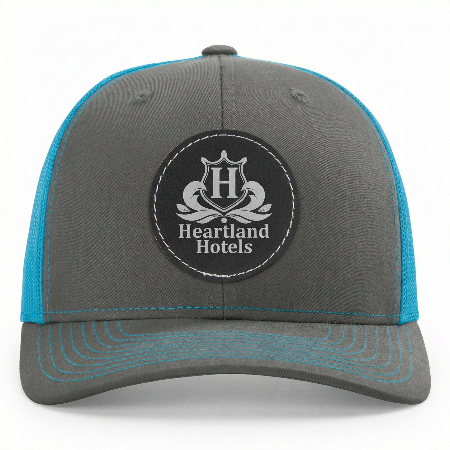 Richardson 112 Snap-back Truckers Hat with Custom Laser Engraved Round Leatherette Patch - Upload Your Logo, Brand, or Image