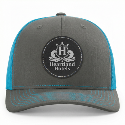 Richardson 112 Snap-back Truckers Hat with Custom Laser Engraved Round Leatherette Patch - Upload Your Logo, Brand, or Image