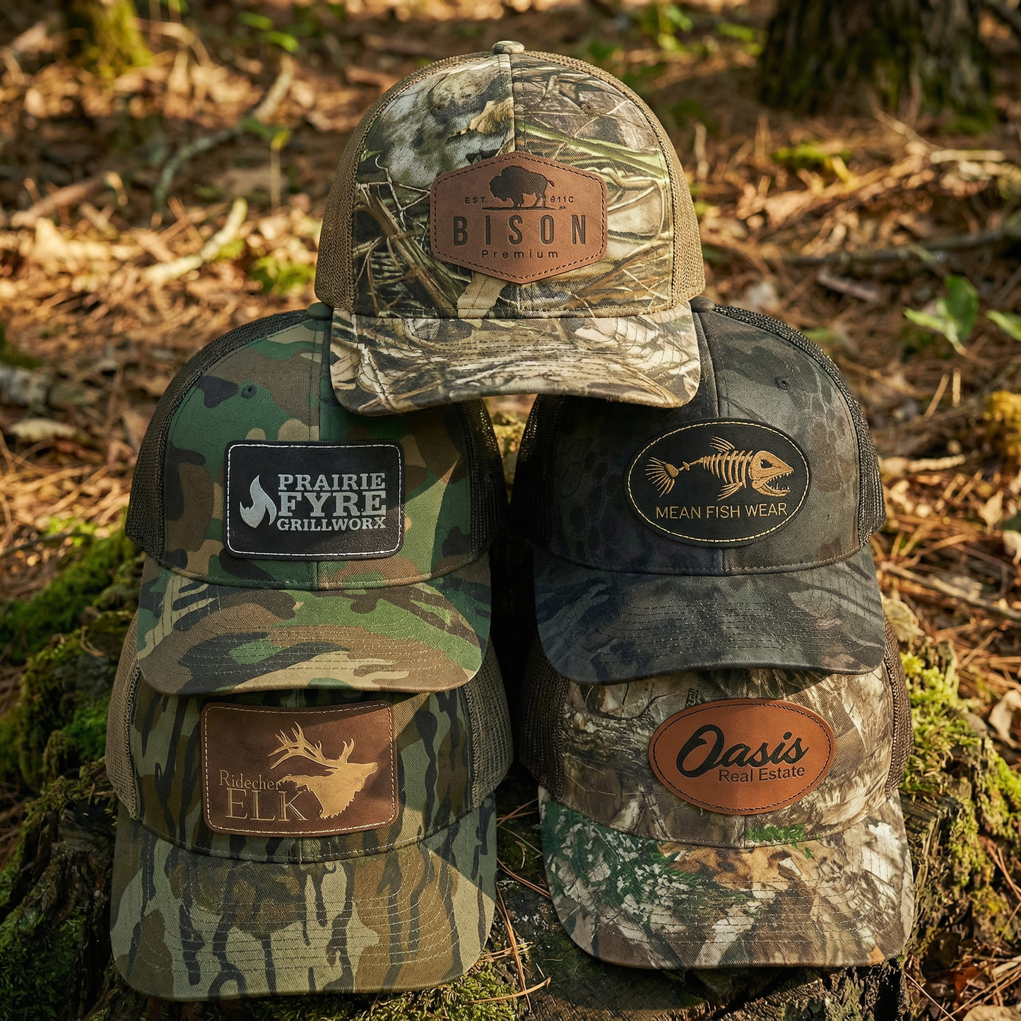 Richardson 112P Camo Series Snap-back Truckers Hat with Custom Laser Engraved Leatherette Patch - Upload Your Logo, Brand, or Image