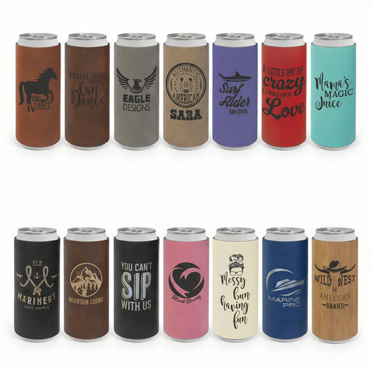 Custom Laser Engraved Slim Leatherette Beverage Holder (Koozie) - Upload Your Logo, Brand, or Image